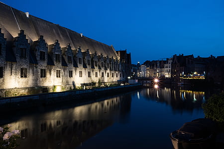 Gent, Miasto, noc, kanał, Oświetlenie, Architektura, światła