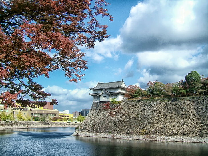 osaka castle, japan, landmark, famous, trees, river, canal