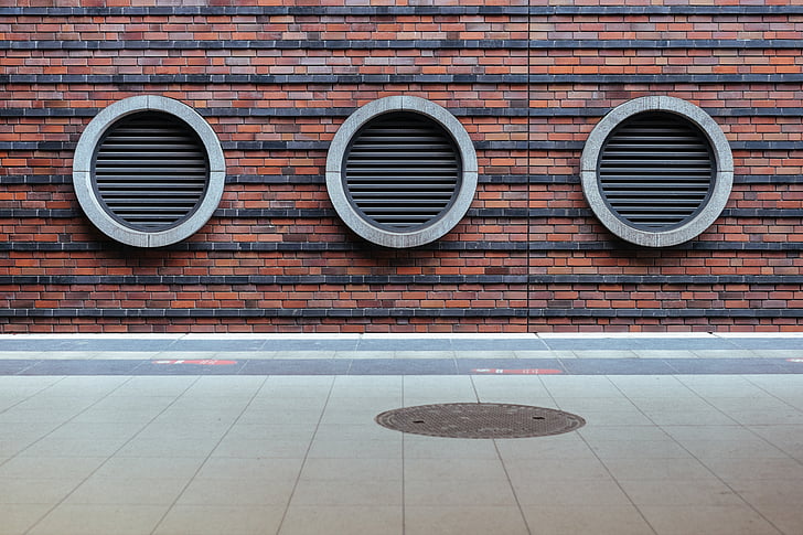 three, grey, air, vents, mounted, brown, wall
