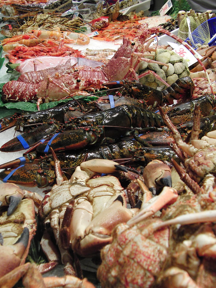 Omārs, Krabis, jūras veltes, boqueria, Barcelona, pārtika, jūras pārtikas