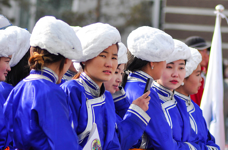 cappello, bianco, blu, Ladies, Mongolia, costume, tradizionale