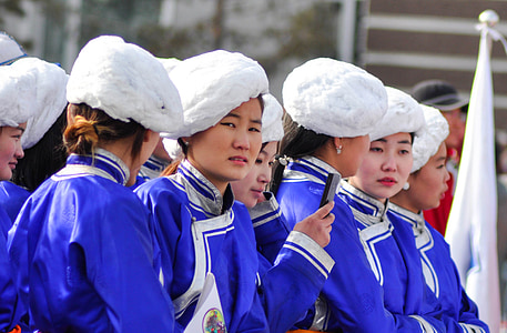 klobúk, biela, modrá, dámy, Mongolsko, kostým, tradičné