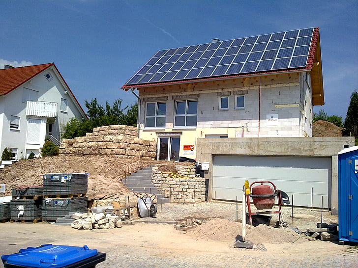 building, house, germany, concrete mixer, brick, lake dusia, solar systems