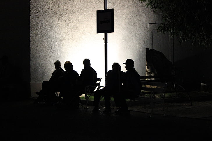 stop, shadow puppets wait sitting, church buildings, illuminated wall, accommodation, dark, human