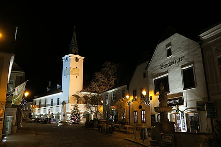 templom, Gumpoldskirchen, este, éjszaka, önkormányzati hivatal