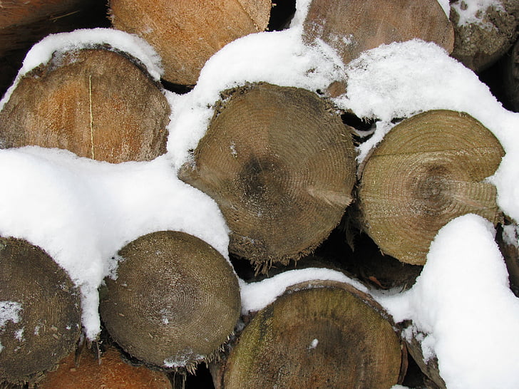gestapelt, Blöcke, Holz, Schnee