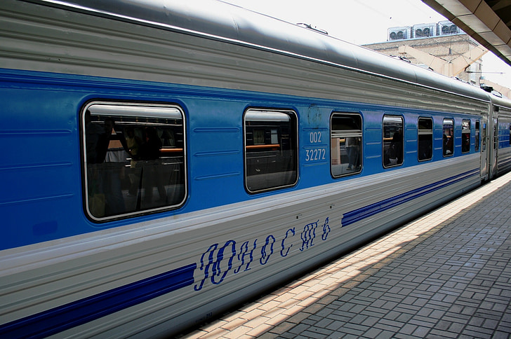 train, bright blue and silver, russian, station, windows, commute, travel