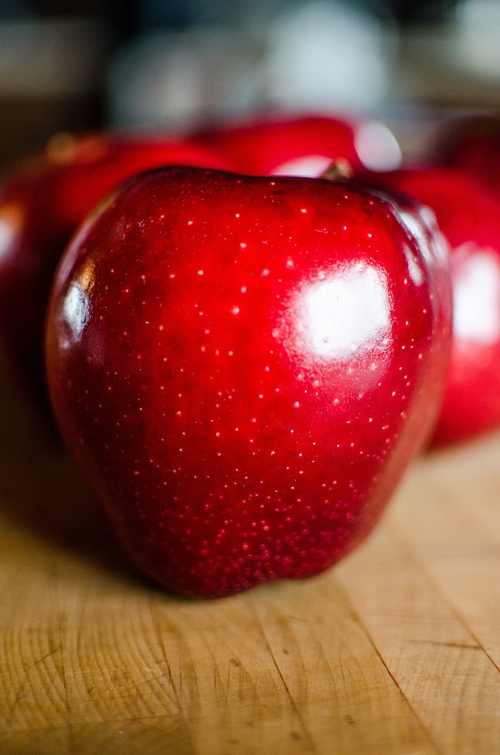 maçãs, frutas, maçã vermelha, placa de corte, tigela, único, comida