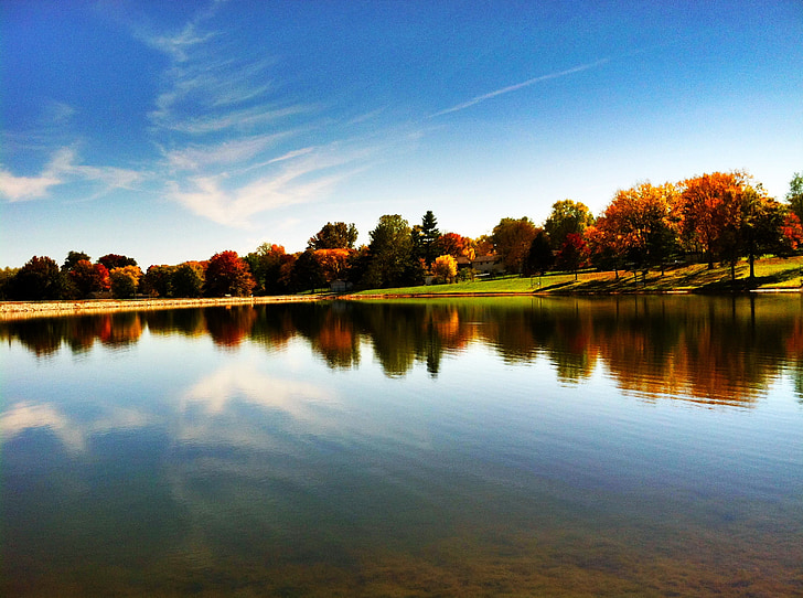 podzim, rybník, reflexe, obloha, obloha, země, venkova