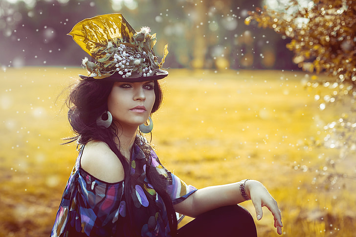 beauty, woman, flowered hat, cap, cosmetics, luck, feeling