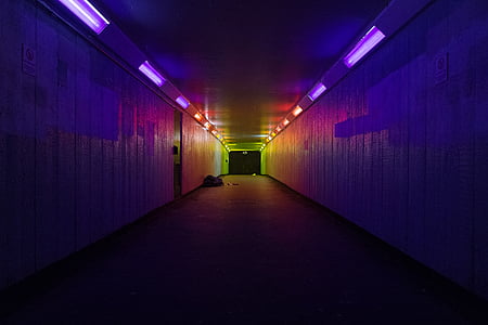 lights, road, tunnel, night, lighting, indoors, corridor