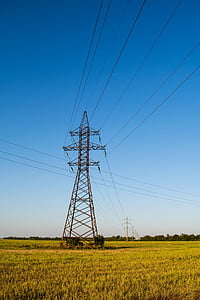 power lines, grass, fields, blue, sky, electricity, hydro