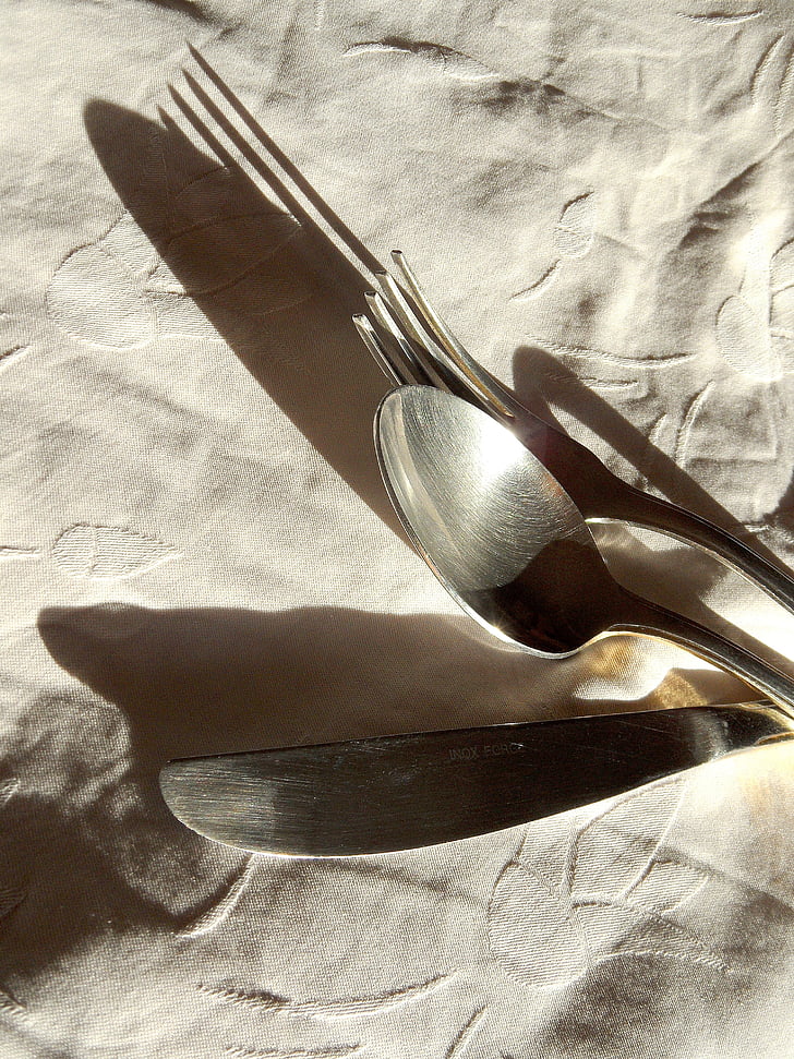 cutlery, fork, spoon, cloth, table, canvas