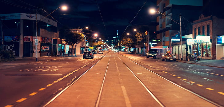 rua, faixas, Melbourne, Richmond, transporte, à noite, urbana