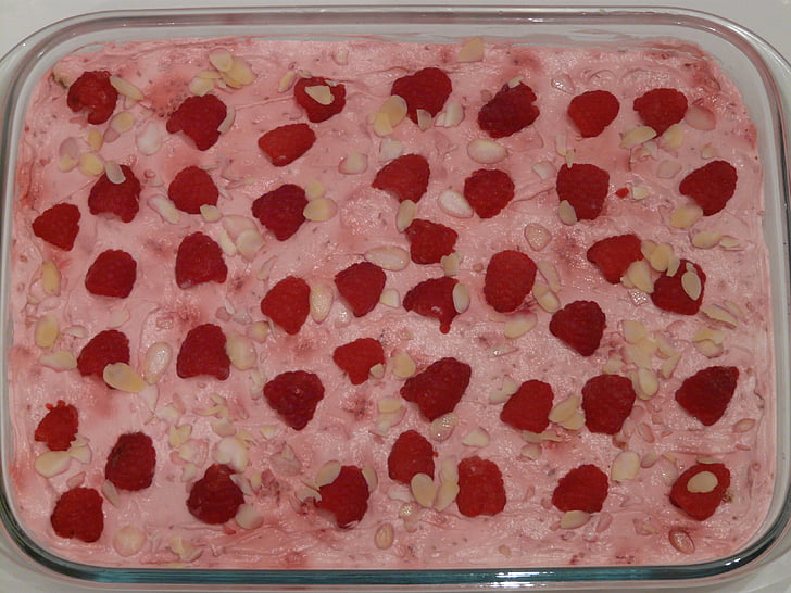 raspberry curd, quark, dessert, raspberries, sweet dish, pink, almonds