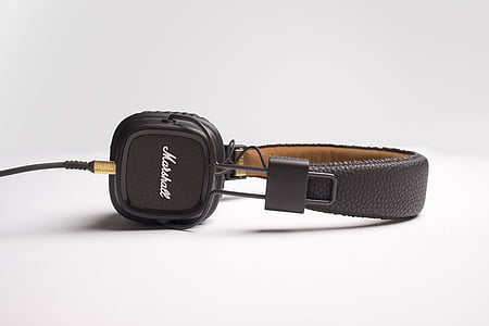 negro, Marshall, con cable, auriculares, receptor de cabeza, música, altavoz