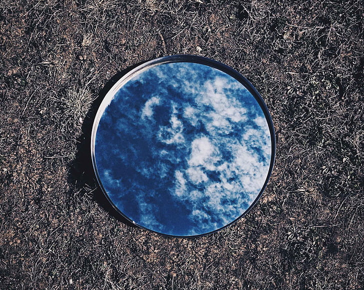 blue, sky, clouds, reflection, ground, grass, mirror
