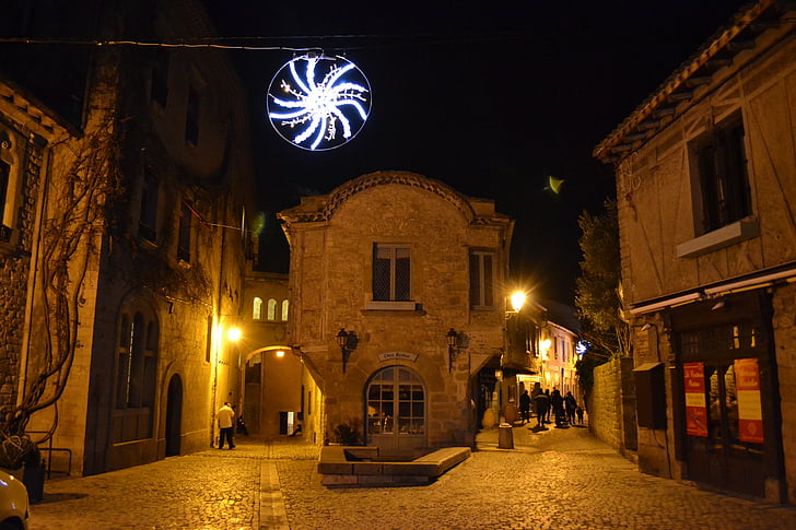à noite, Natal, rua medieval, Carcassonne, guirlanda, cidade medieval, França