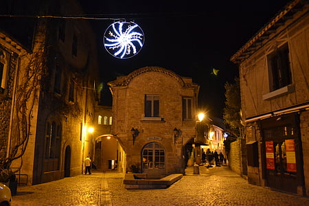 natt, jul, medeltida gatan, Carcassonne, Garland, medeltida stad, Frankrike