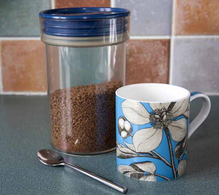 coffee, mug, cup, pretty, blue, jar, storage jar