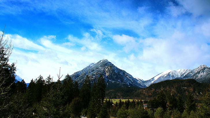 mountain, sky, forest, panorama, nature, view, blue