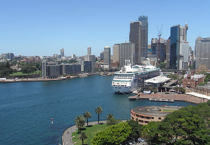 sydney harbor, cruise ship, cityscape, sea, skyline, australia, buildings