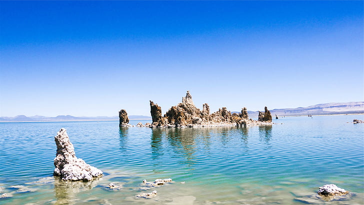 rock, formation, middle, body, water, blue, skies