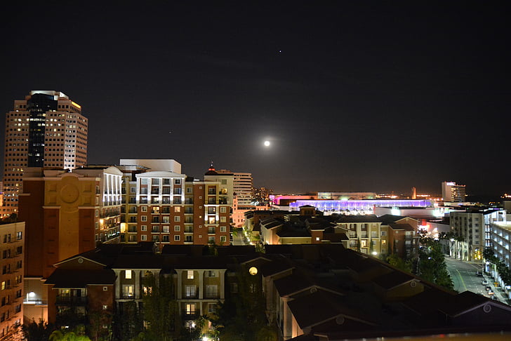 skyline, moon, city, night, cityscape, architecture, downtown