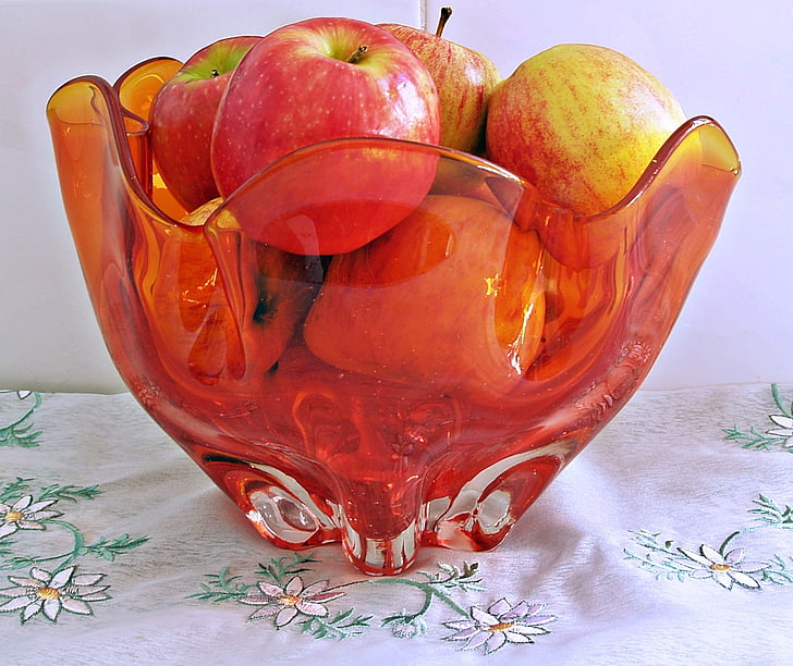 vidro, tigela, maçãs, vermelho, laranja, fruteira, retrô