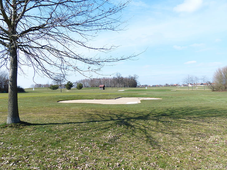 golf course, green space, bunker, sand, golf, golf sports facility