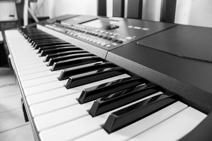 klawiatury, aranżer, Muzyka, czarno-białe, instrumentu, fortepian, instrument muzyczny