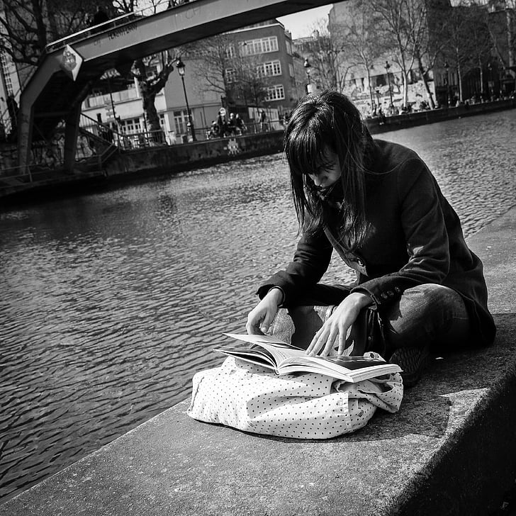 Paryžius, gatvė, moteris, saint-martin kanalo, knyga, atsipalaiduoti, degintis