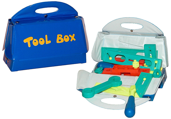 rotaļlieta, plastmasas, plastmasas montāžas instruments, rīkus, lai atskaņotu, instrumentu kaste