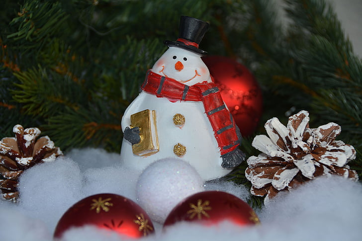 snow man, christmas, christmas balls, balls, pine cone, holly, advent