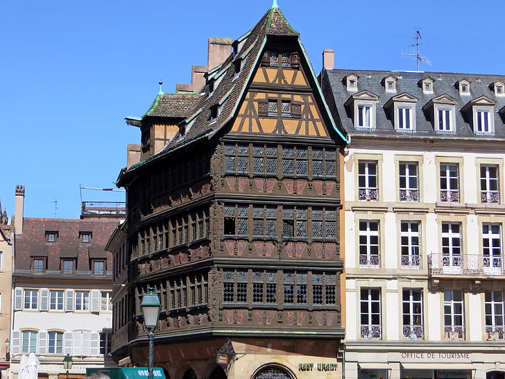 Frankrike, Alsace, Strasbourg, gamla hus, dubbar, fasad
