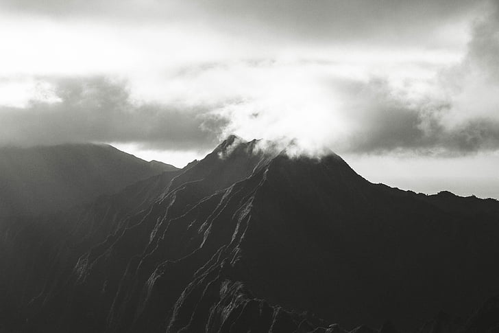 black-and-white, clouds, fog, landscape, mountain, nature, outdoors