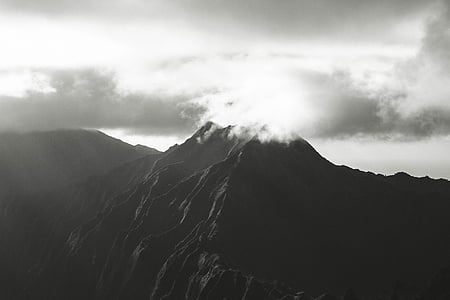black-and-white, clouds, fog, landscape, mountain, nature, outdoors