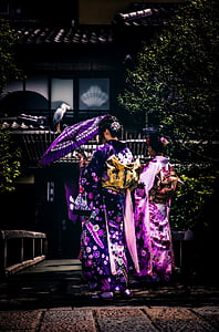 Kiotói, Japán, japán, kimonó, gésa lányok, napernyő, HDR