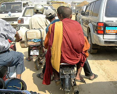 transport, moped, monk, traffic jam, laos