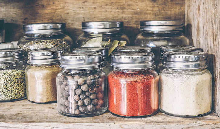 spices, shelf, jar, kitchen, cooking, wooden, pepper