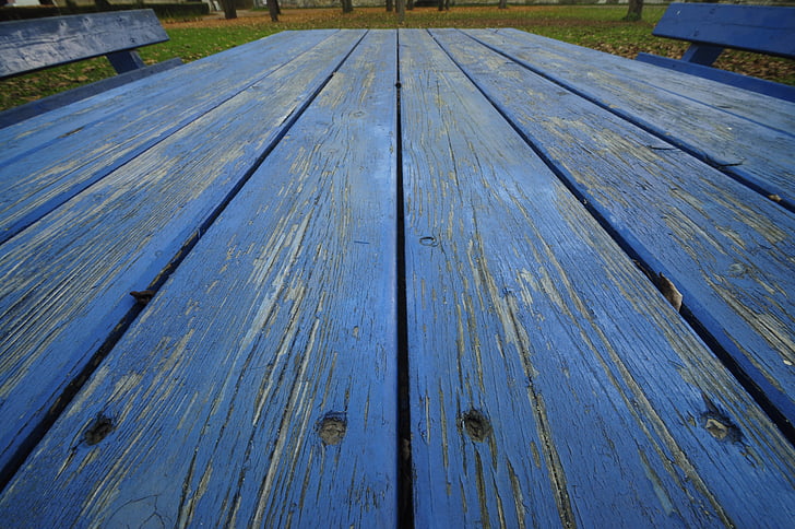 blå, trä, tabell, gamla, knäckt, trädgård, trädgård bänk