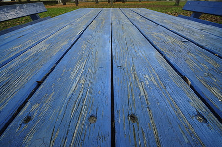 biru, kayu, Meja, lama, retak, Taman, bangku Taman