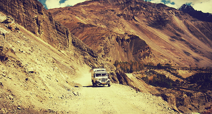 adventure, car, cliff, dirt road, expedition, jeep, mountains