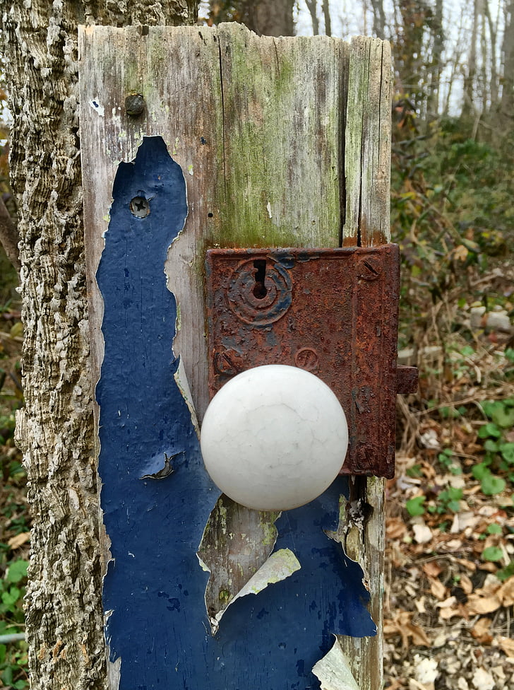 doorknob, weathered, knob, rusty, peeling paint