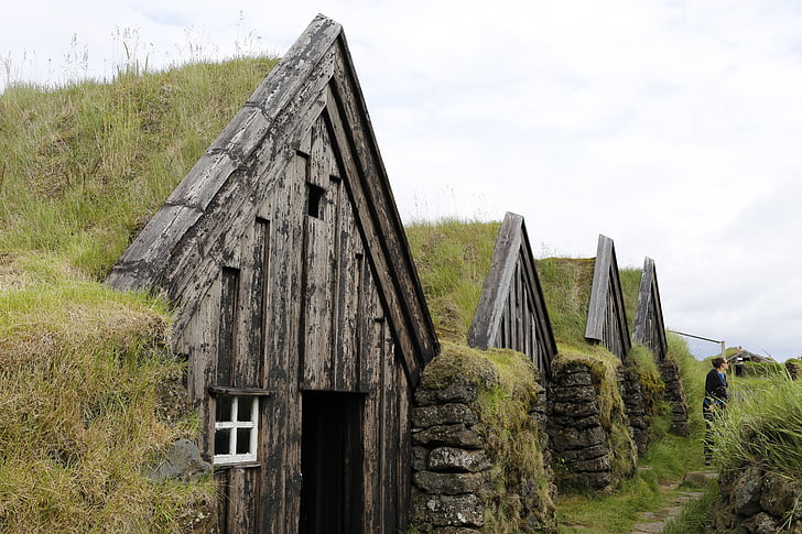 maisons, herbe, Islande, bois - matériau, scène rurale, vieux, maison