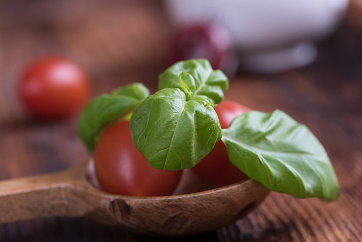 pomidory, małych pomidorów, czerwony, bazylia, zielony, przyprawa, zioła