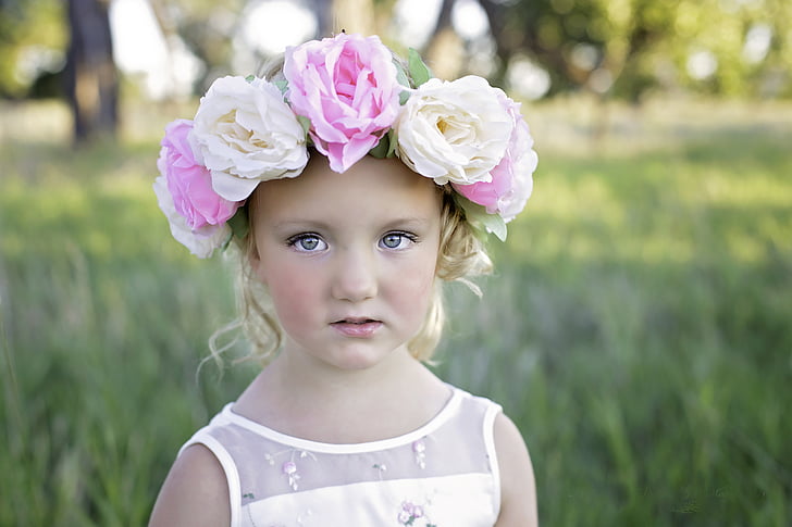 flower, headband, girl, cute, summer, portrait, child