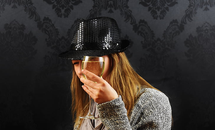 sieviete, cepure, šampanieša, vīns, dzēriens, noslēpumaino, modes