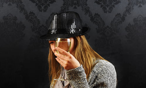 vrouw, hoed, Champagne, wijn, drankje, mysterieuze, mode
