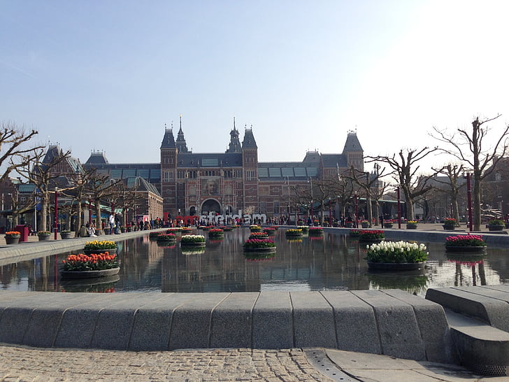 Amsterdam, Rijksmuseum, våren, tulpaner, museet, staden, arkitektur
